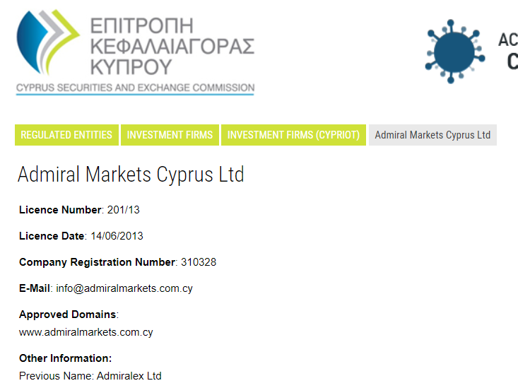 giấy phép Admiral Markets Pty CYSEC