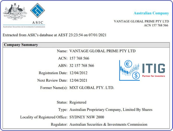 Giấy phép ASIC của VANTAGE GLOBAL PRIME PTY LTD