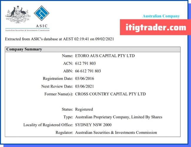 Giấy phép ASIC eToro AUS Capital Pty Ltd