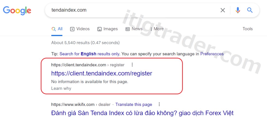 Tendaindex không tìm thấy trên Google tìm kiếm